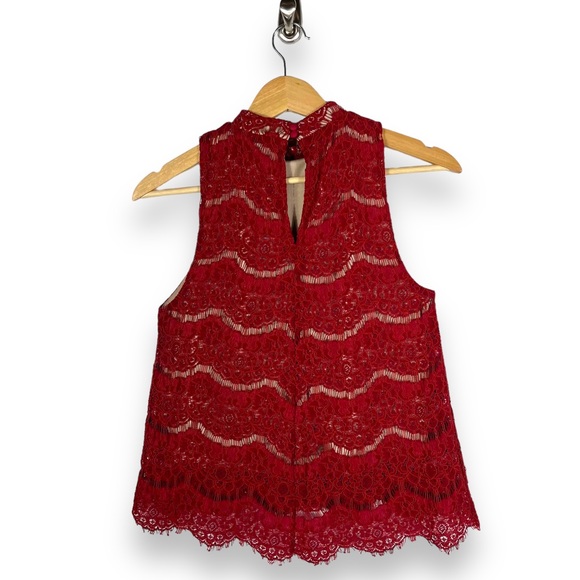 Love Fire Lace High Mock Neck Keyhole Neck Sleeveless Top, Dark Red, Size Small - Picture 9 of 9